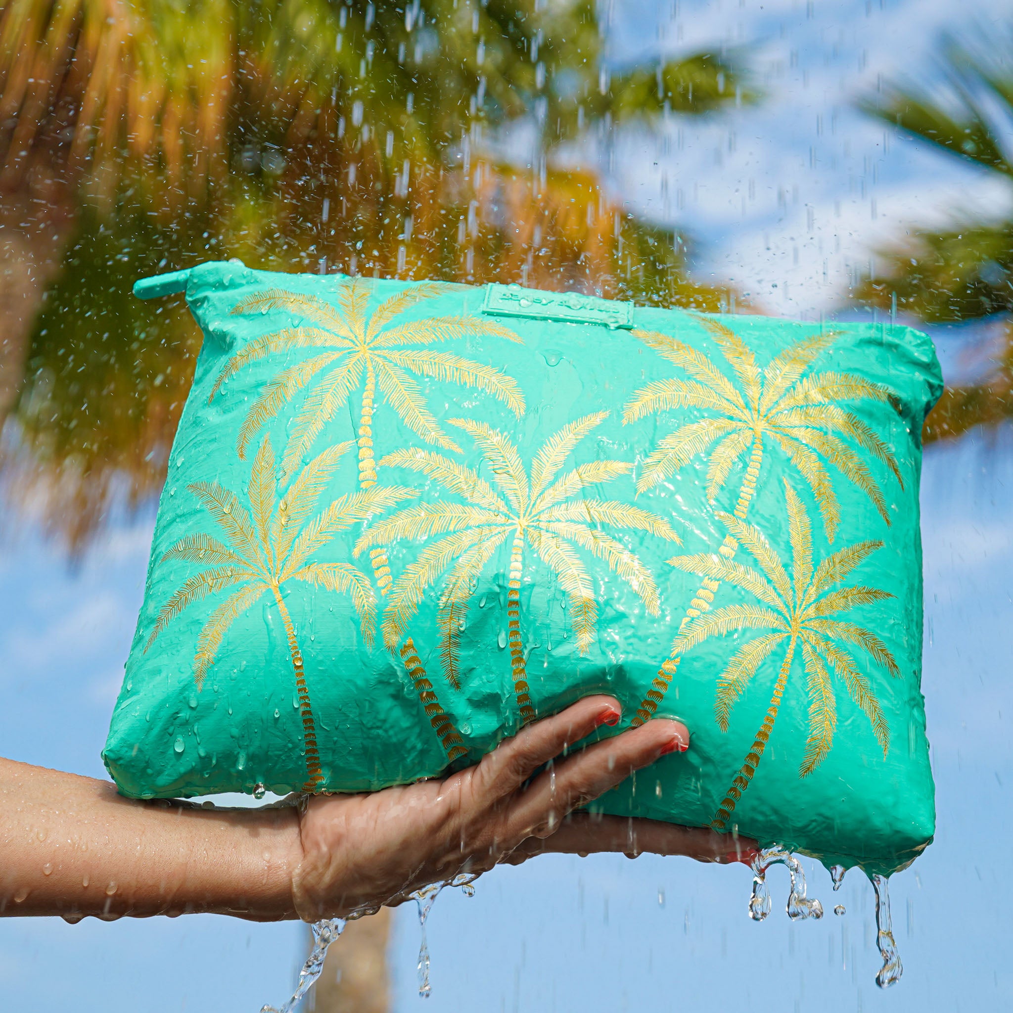 Large Pouch - Aqua Golden Palms