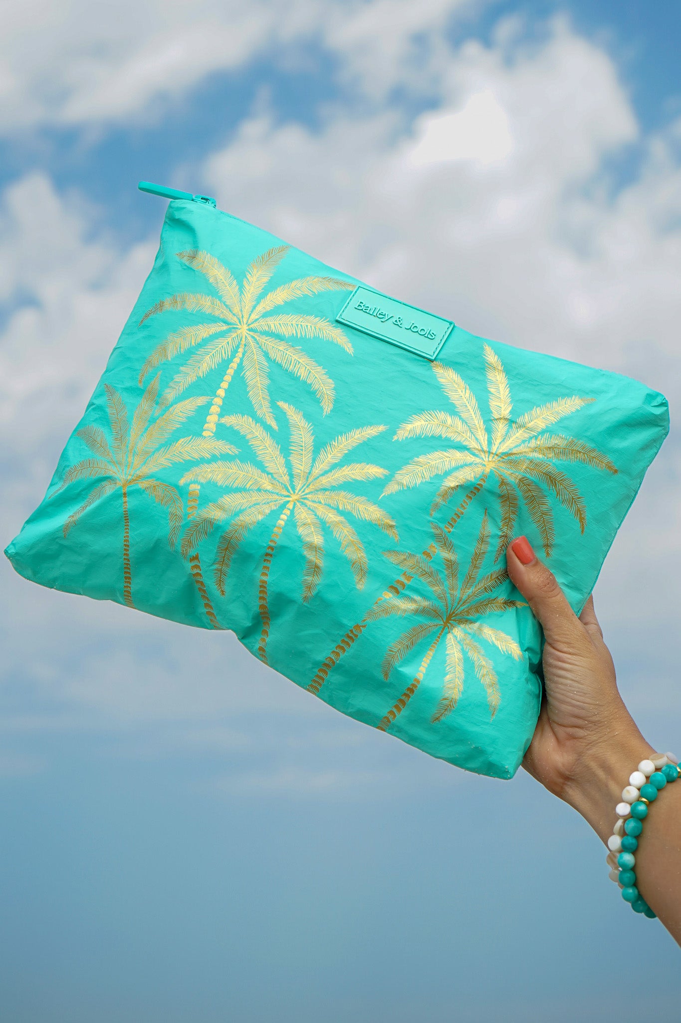 Large Pouch - Aqua Golden Palms