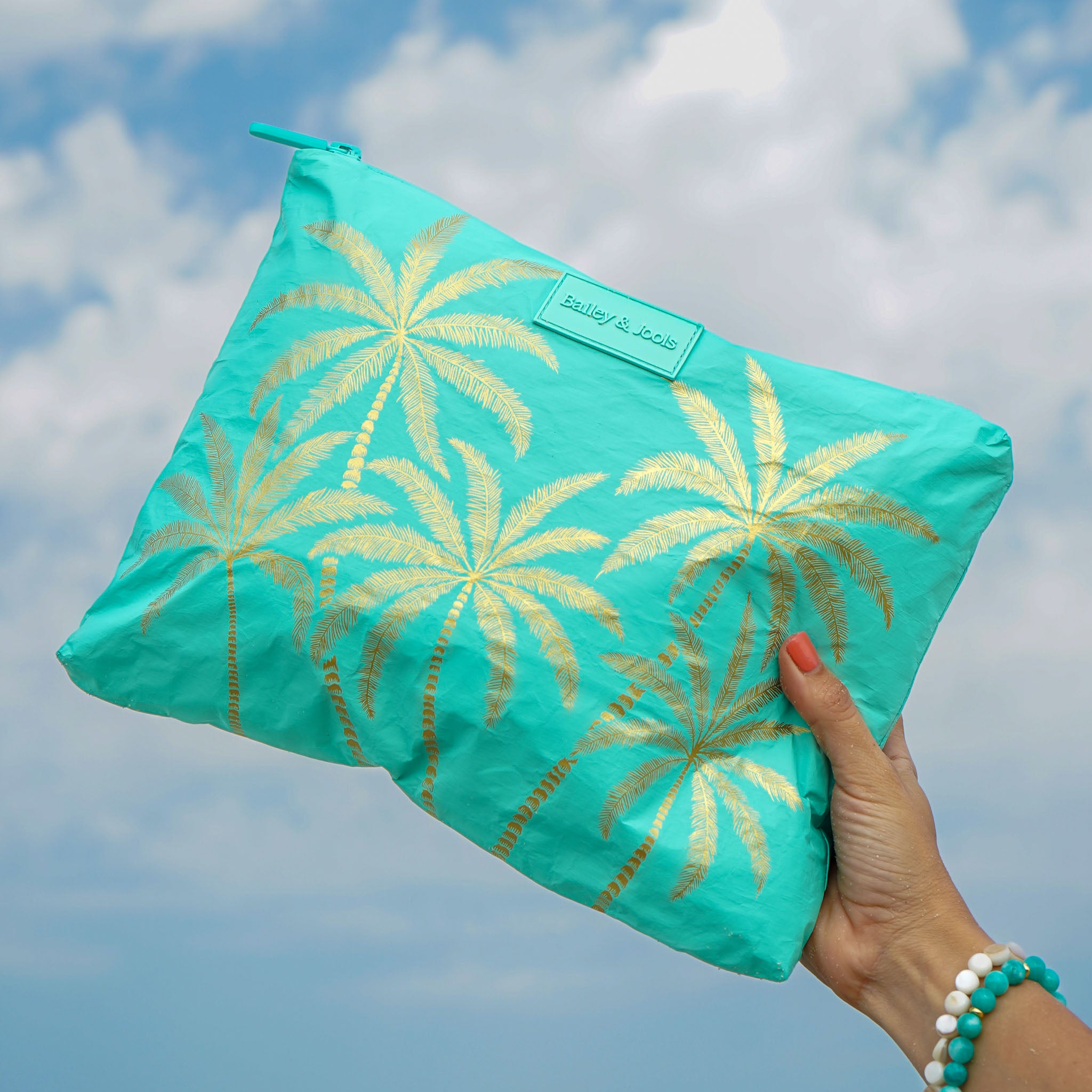 Large Pouch - Aqua Golden Palms