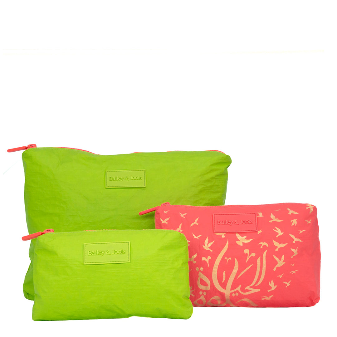 Set of 3: Pouches in Large + Mid Size + Mini - "Life is Beautiful" and Essential Green
