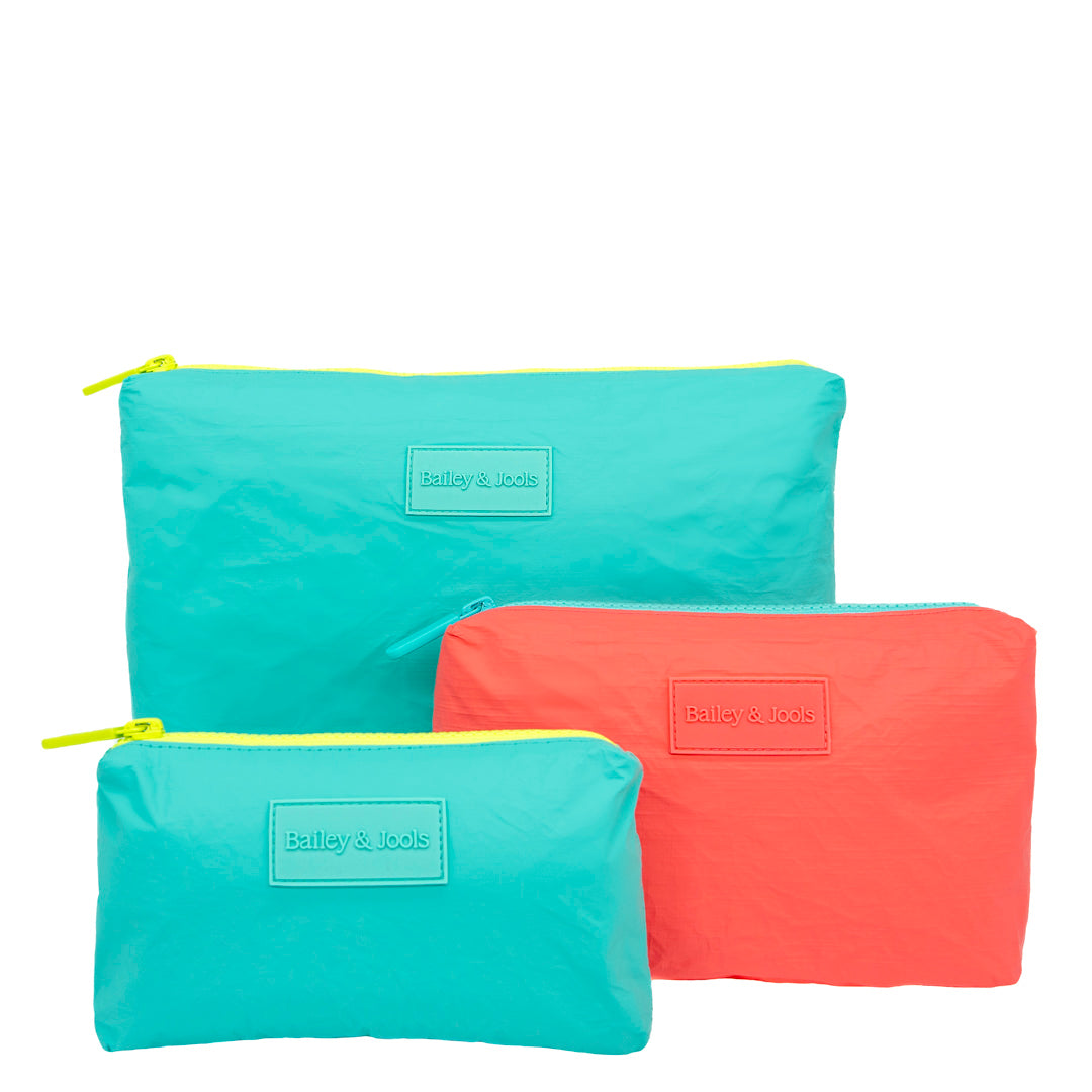Set of 3: Pouches in Large Aqua + Mid Size Coral + Mini Aqua
