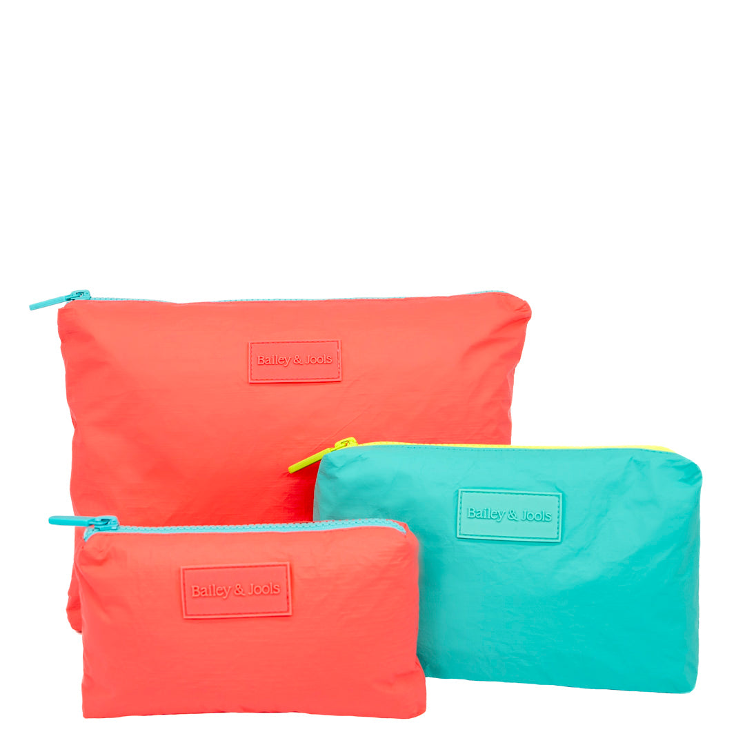 Set of 3: Pouches in Large Coral + Mid Size Aqua + Mini Aqua