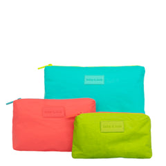 Set of 3: Pouches in Large Aqua + Mid Size Coral + Mini Green