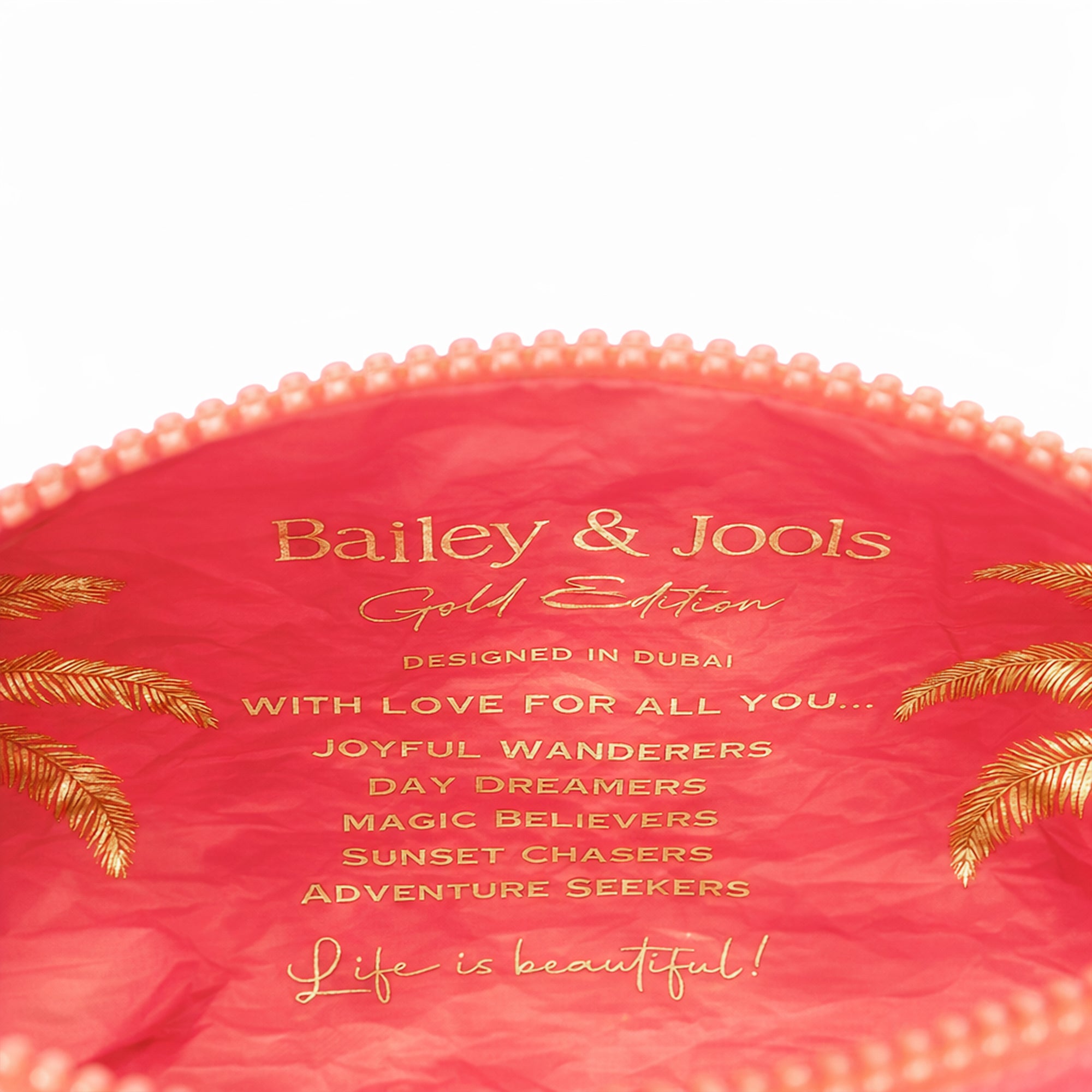 Set of 3: Pouches in Large + Mid Size + Mini Coral Golden Palms