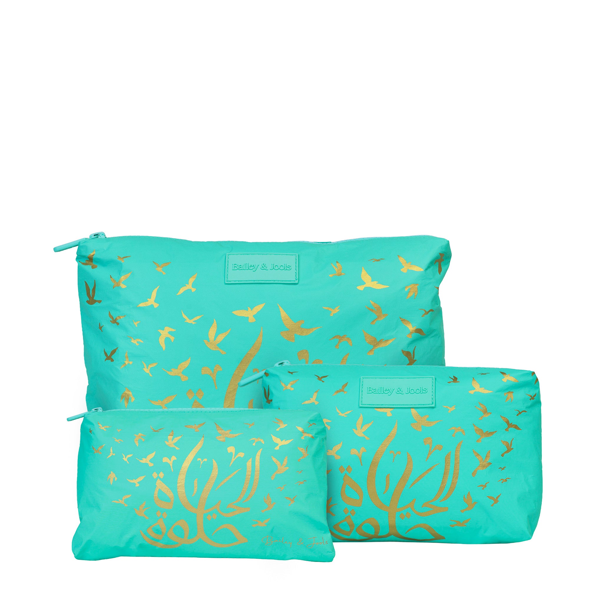 Set of 3: Pouches in Large + Mid Size + Mini Aqua "Life is Beautiful"
