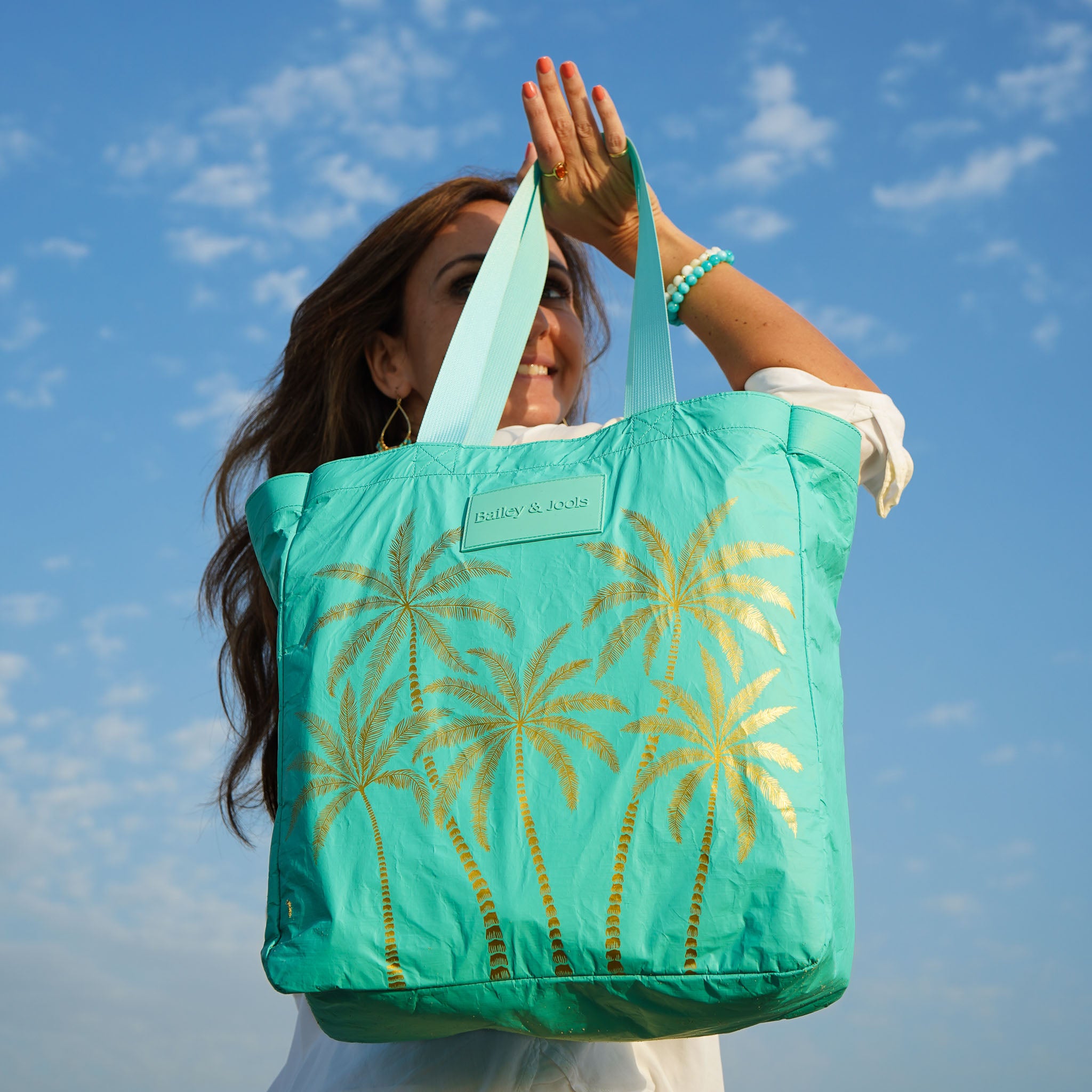 Signature Tote Bag - Aqua Golden Palms