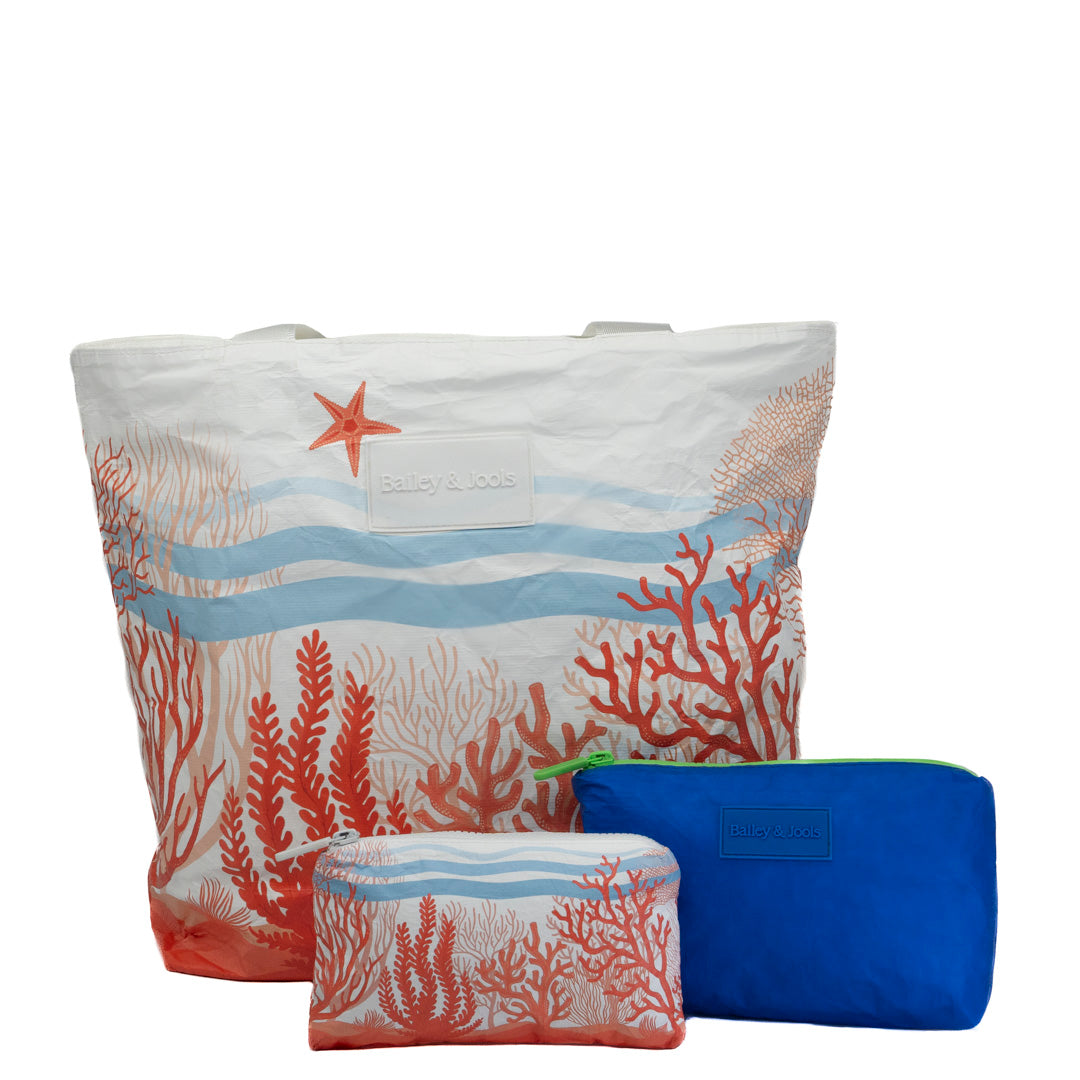 Set of 3: Daytripper + Mid Size Pouch + Mini Pouch - Coral and Blue