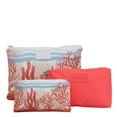 Set of 3: Pouches in Large + Mid Size + Mini - Coral Love
