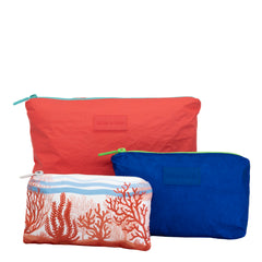 Set of 3: Pouches in Large + Mid Size + Mini - Coral Blue Mix