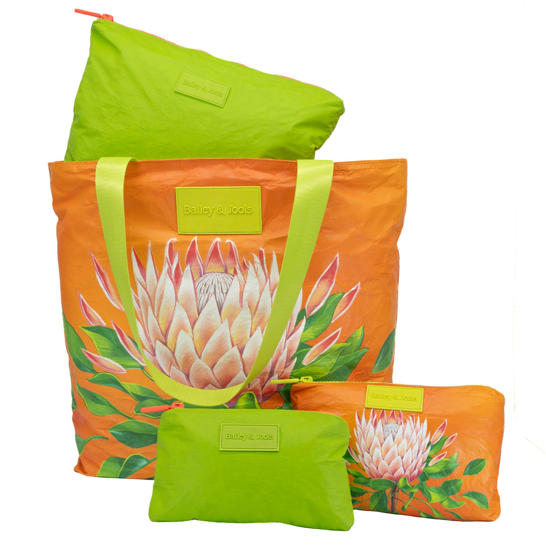Set of 4: Daytripper Tote + Mid Size Pouch in Royal Protea and Large Pouch + Mini in Essential Green