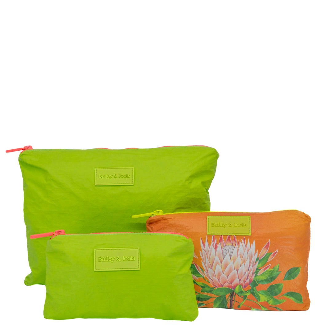 Set of 3: Pouches in Large + Mid Size + Mini - Protea and Green