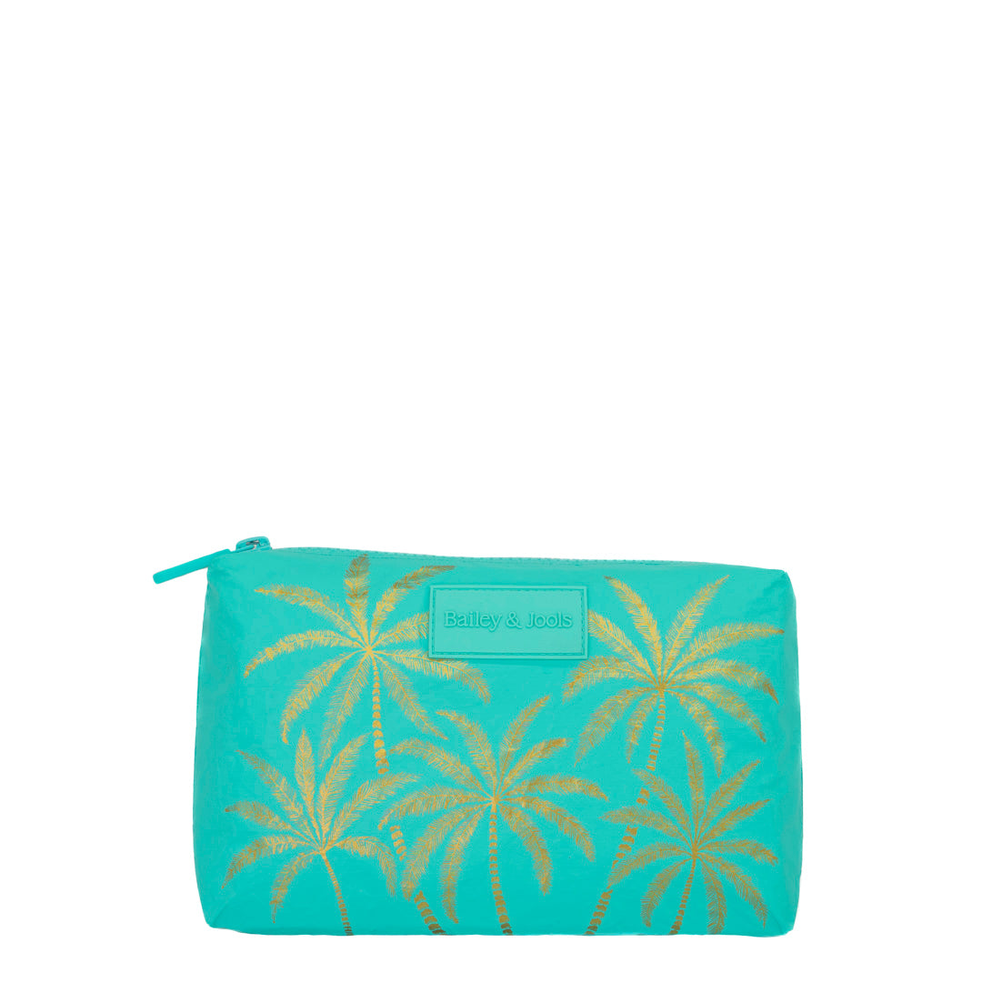Set of 4: Signature Tote + Pouches in Large + Mid Size + Mini Aqua Golden Palms