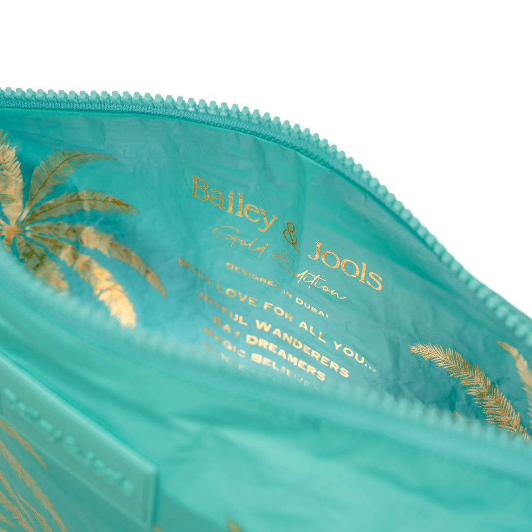 Set of 4: Signature Tote + Pouches in Large + Mid Size + Mini Aqua Golden Palms