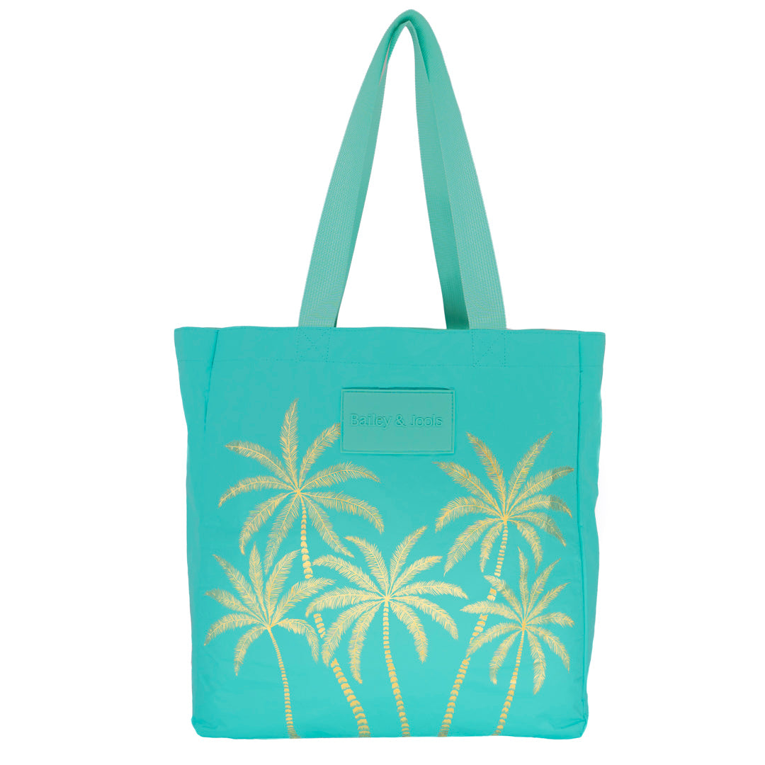 Set of 4: Signature Tote + Pouches in Large + Mid Size + Mini Aqua Golden Palms
