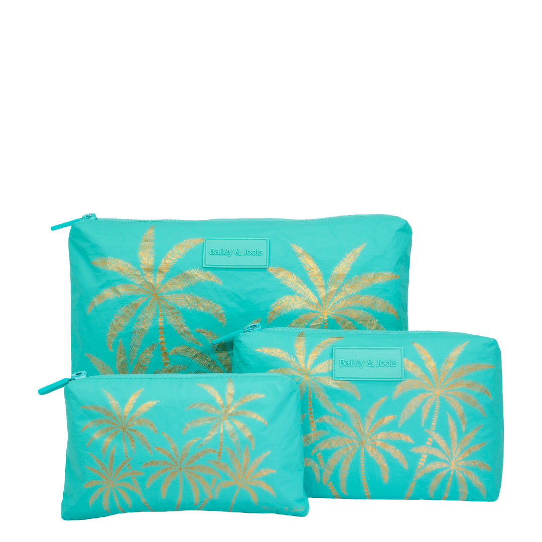 Set of 3: Pouches in Large + Mid Size + Mini Aqua Golden Palms