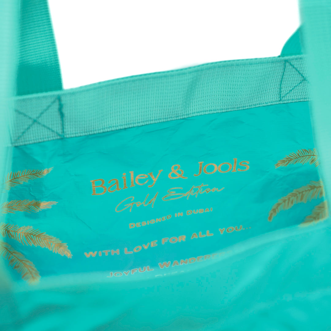 Set of 4: Signature Tote + Pouches in Large + Mid Size + Mini Aqua Golden Palms