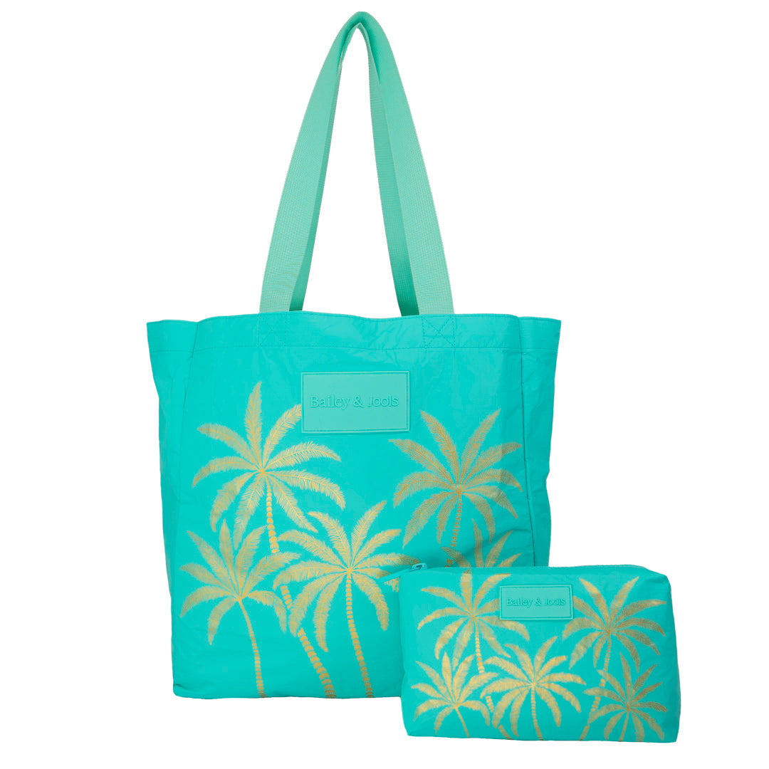 Set of 2: Aqua Golden Palms Signature Tote + Mid Pouch