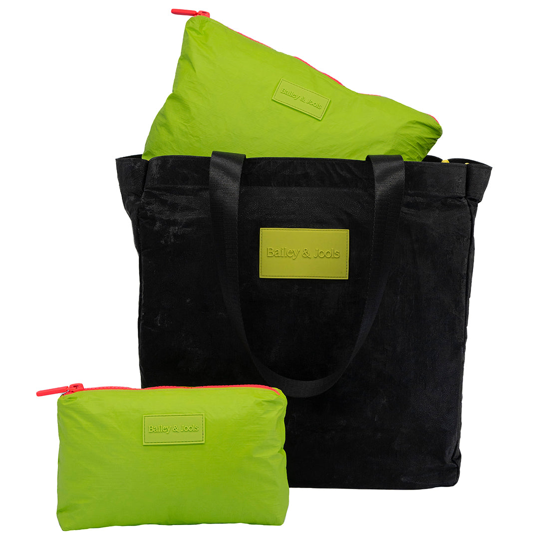Set of 3: Signature Tote + Large Pouch + Mini Pouch - Black and Green