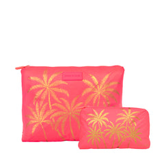 Pouch Set (Large + Mini)- Coral Golden Palms