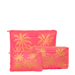 Set of 3: Pouches in Large + Mid Size + Mini Coral Golden Palms