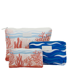 Set of 3: Pouches in Large +Mini in Coral Crush and Mid Size in Ocean Wave