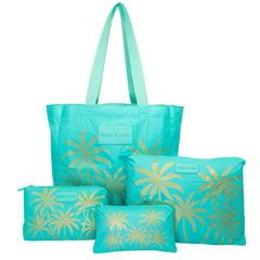 Set of 4: Signature Tote + Pouches in Large + Mid Size + Mini Aqua Golden Palms